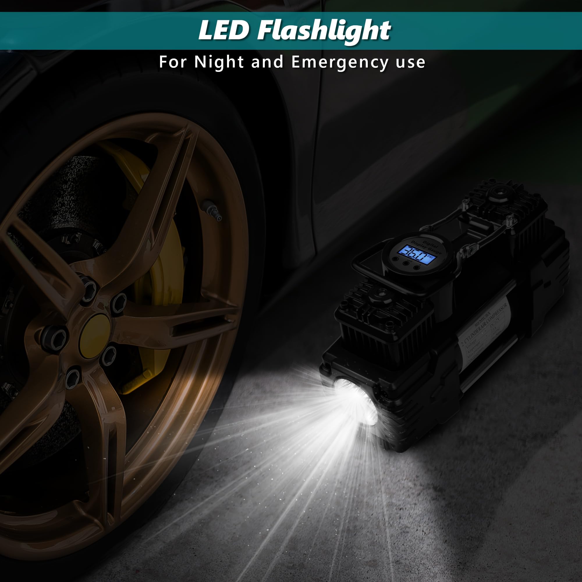 Compressore d'aria a doppio cilindro con kit di riparazione pneumatici e cassetta degli attrezzi, pompa ad aria portatile con display digitale, luce LED, spegnimento automatico, resistente