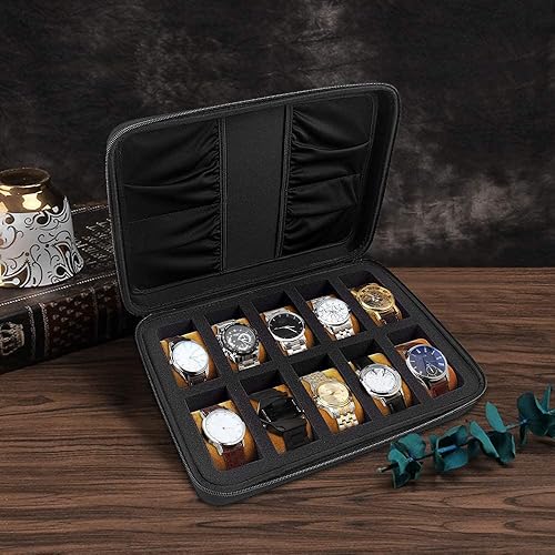 Vista 6 de COMECASE Organizador de caja de reloj con 10 ranuras para hombre, se adapta a todos los relojes de pulsera y relojes inteligentes de hasta 1.654 in