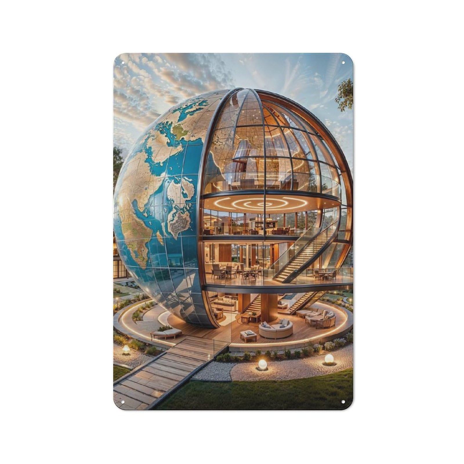 Tin Wall Plaque 30x20cm with Globe House for Workshop Wall, Housewarming Wall Decor for People Furnishing Workshop