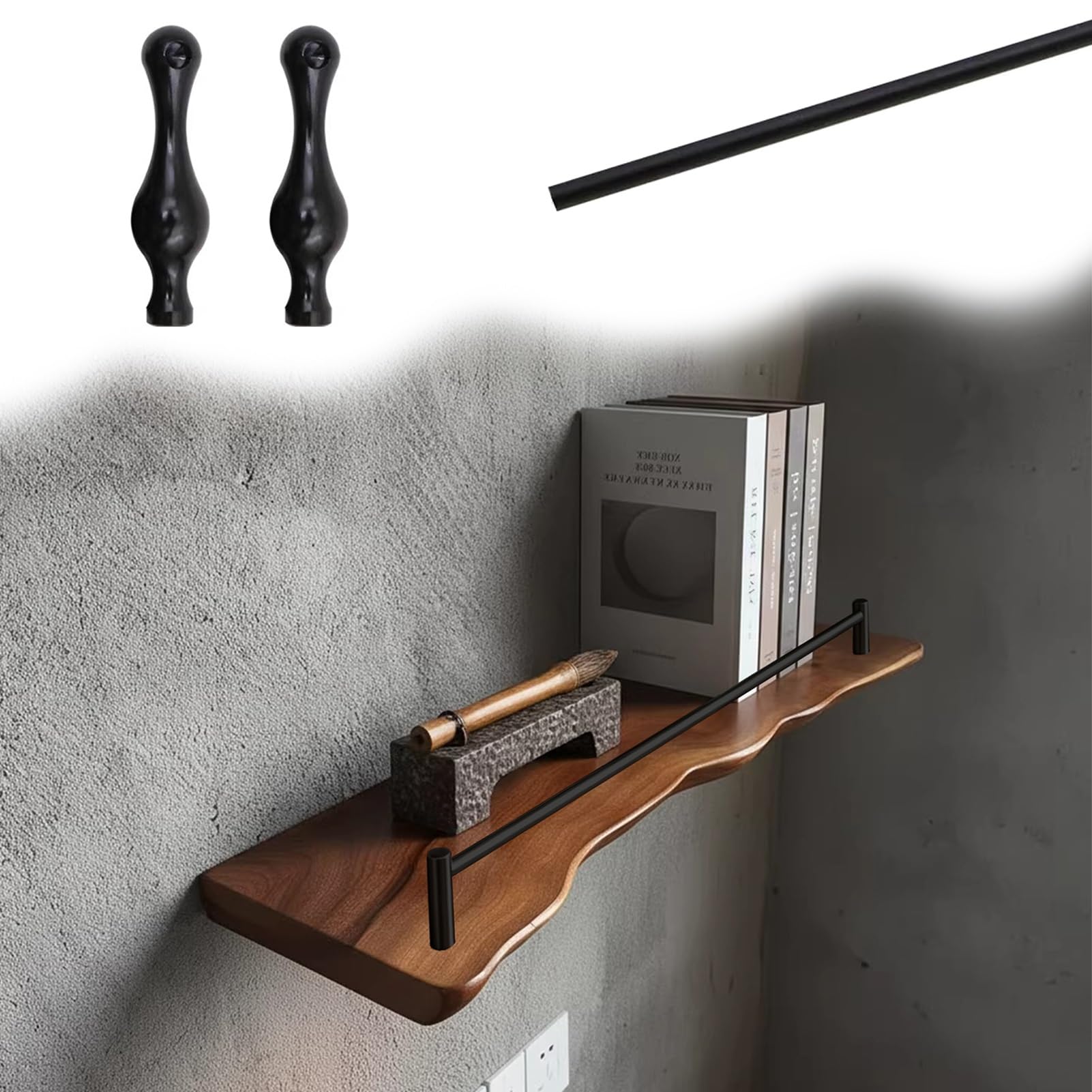 MESCXTY Aluminum Shelf Guard Rail Decorative 8 12 16 18 24 28 32 36 38 in, Tipping Gallery Set for Floating Shelf, Cabinet Guardrail Bar with 2 Spindles(Black A,23in/58cm)