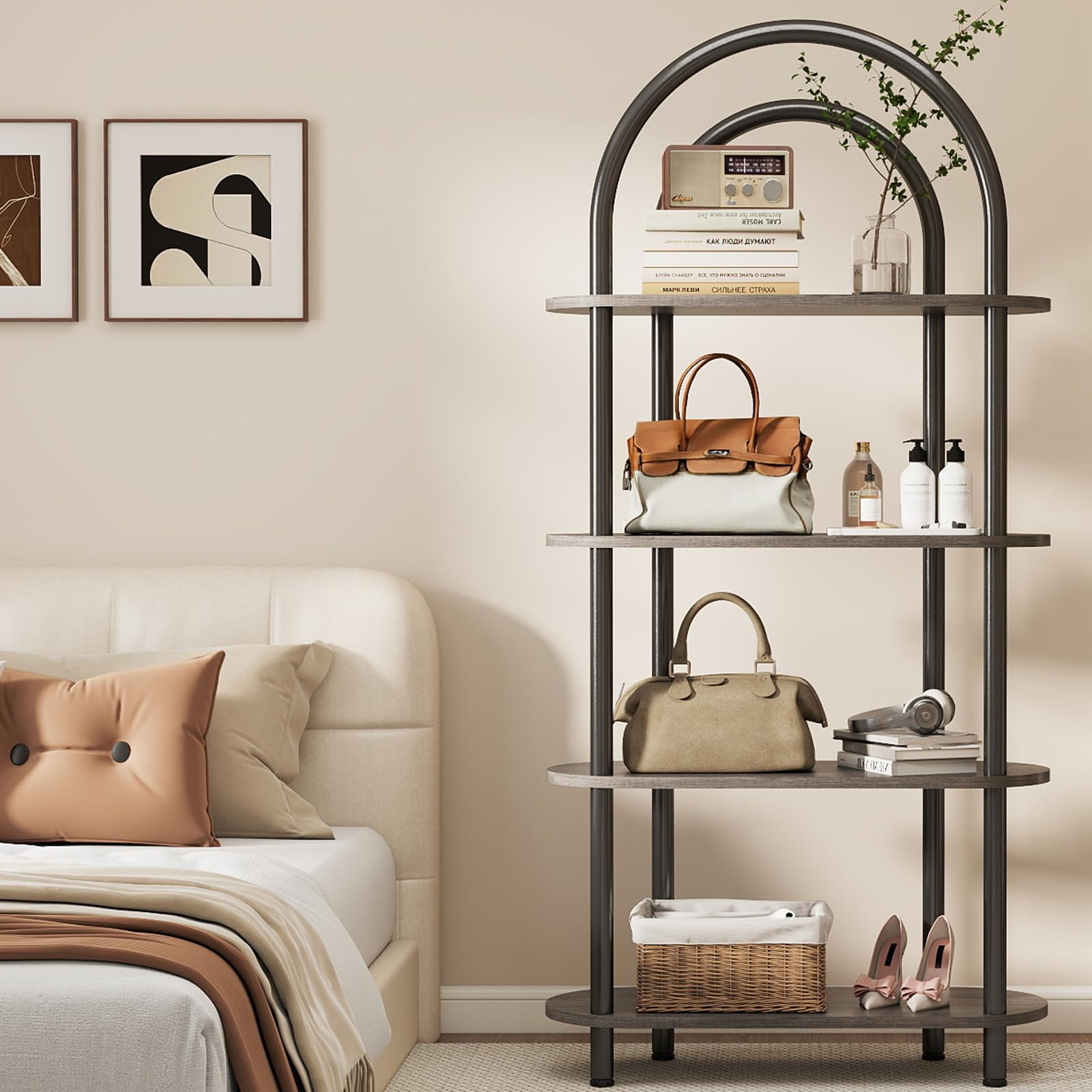 YOSHOOT Librería curva de 4 niveles con marco de metal y estantes de madera, 165,5 cm de alto, ideal para salón, estudio y oficina, 80 x 30 x 165,5 cm (roble gris)