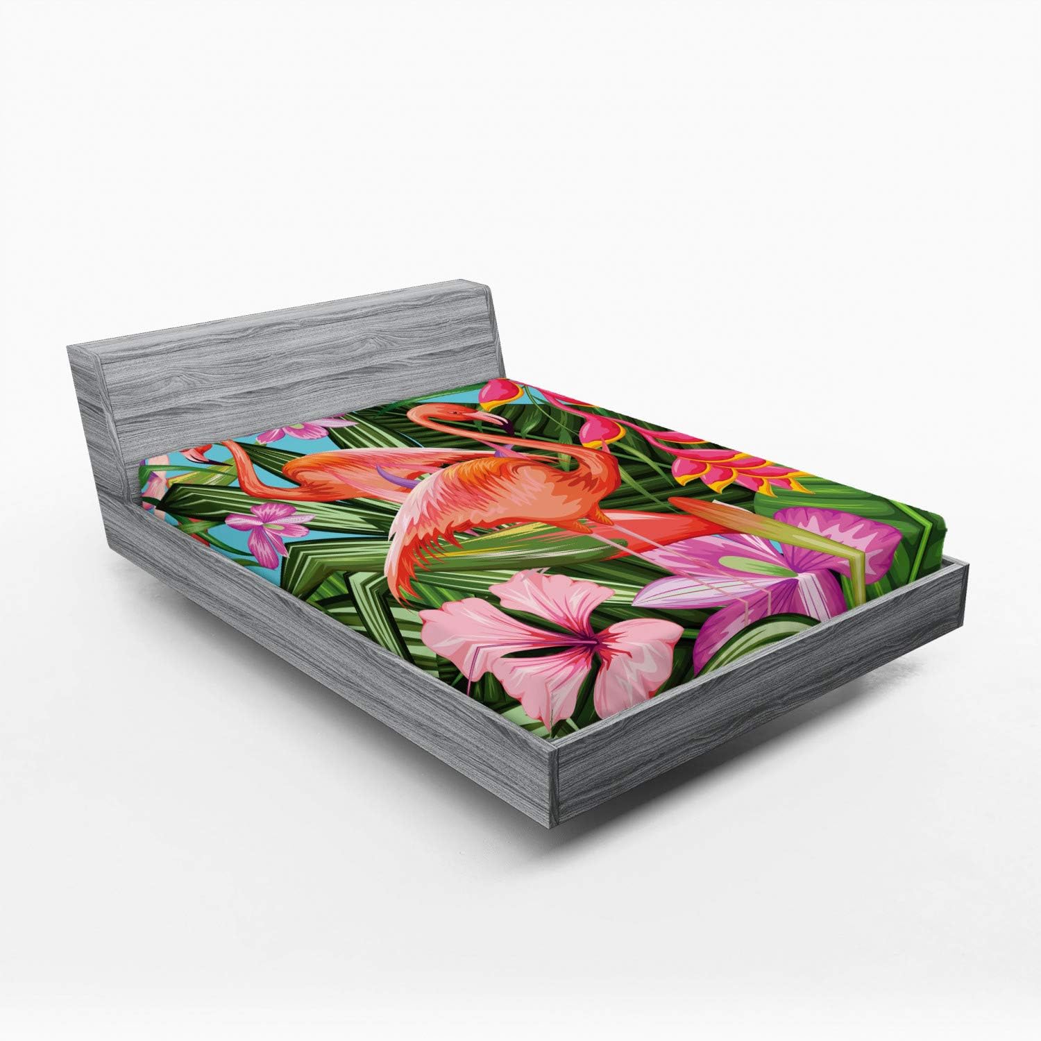 Ambesonne Flamingo Fitted Sheet, Illustration of Animal Tropical Garden Hibiscus Flower Plant Vintage, Bed Cover with All-Round Elastic Deep Pocket for Comfort, Queen Size, Green Pink Blue