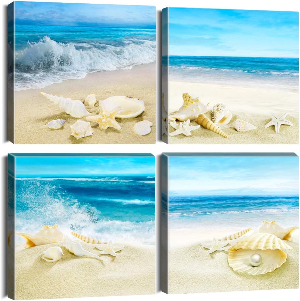 Artscope OTOSTAR 4 Pieces Canvas Prints Wall Art - Beach Shells and Sea Picture Painting- Modern Artwork Framed for Bathroom Home Office Decor 12 x Inch