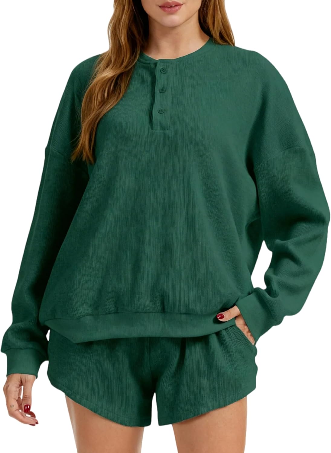 Women Waffle Knit Lounge Set Casual Oversized Long Sleeve Sweatshirt and High Waisted Shorts Spring 2 Piece Outfit