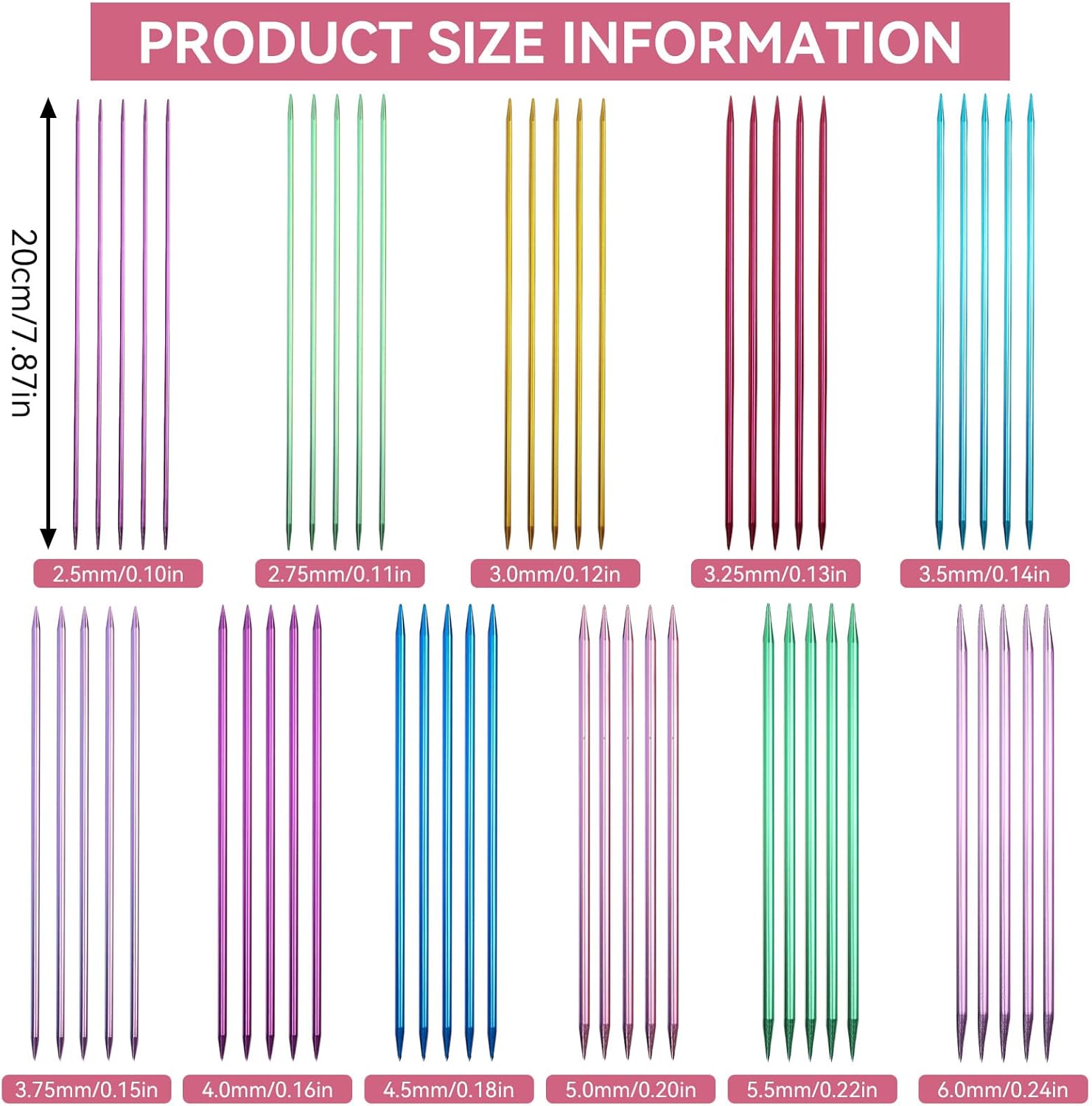 55Pcs Double Pointed Knitting Needle Sets, 20cm/7.9in Aluminum Double Ended Metal Knitting Needles Ergonomic Design Weaving Needles for Beginner, Sock Knitting Gauge
