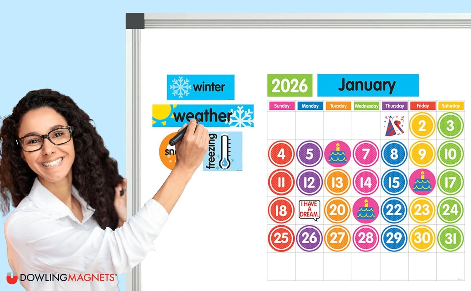 Dowling Magnets Magnet Tools Giant Magnetic Calendar Set, 94 Pieces. Classroom Whiteboard Calendar, Classroom Calendar, Dry Erase Calendar. Item 735025.