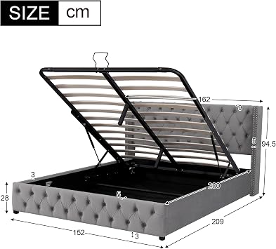 Ottoman Lift Storage Bed, 5ft King Size Bed Frame with Hydraulic Lever, Velvet Button-Tufted Upholstered Bed Frame with Gas Lift Up Underbed Storage, 150 x 200 cm Functional Bed, Grey, No Mattress