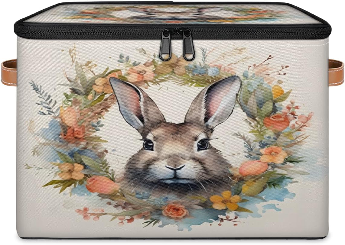 Storage Bin Set of 2 Rabbit Bunny Storage Basket with Zipper Lid & Handle Foldable Closet Shelf 2 Pack Cloth Organizer Basket Cube Bins Clothes Organizer for Bedroom, Nursery