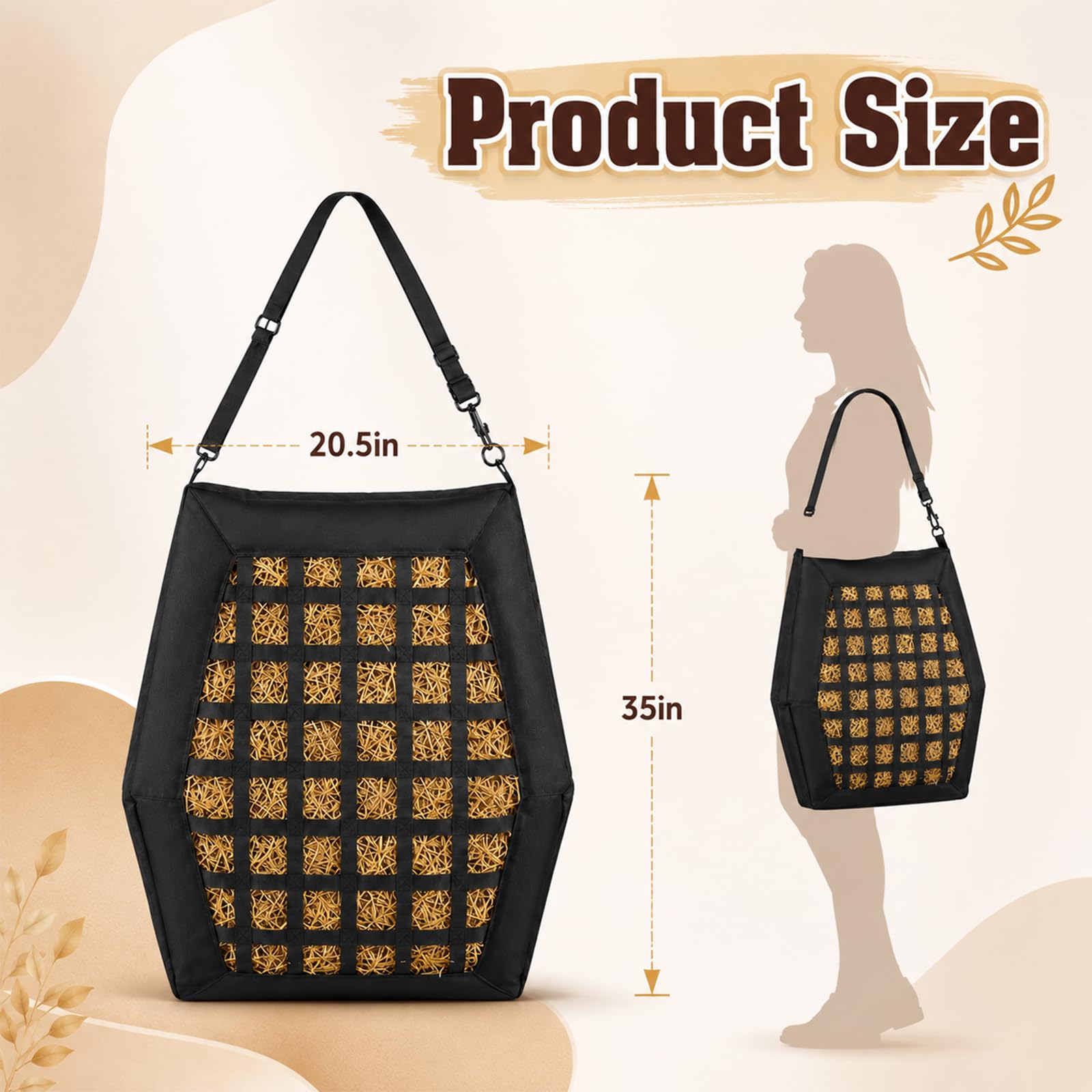 Heusack für Pferde mit 6cm Löchern, Heutasche Futterbeutel Haybag Slow Feeder, Heunetz für Pferde aus robust & wetterfest Oxford, Heuraufe Pferd mit Bodenriemen und Metallhaken, bis 10 kg Heu