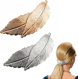 Vintage Leaf Hair Clip Bar Dish, 2pcs Alloy Hair Clips for Women and Girls - Silver, Feather