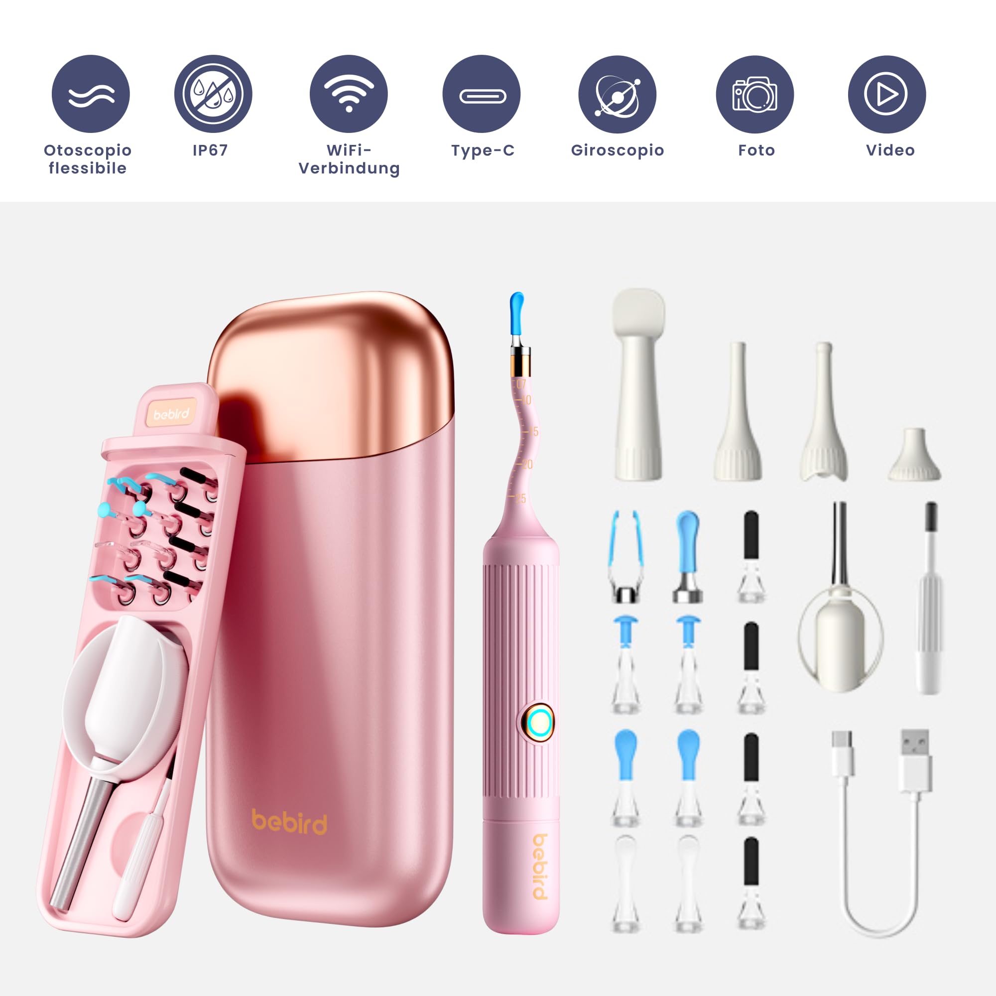 Bebird Pro Earsight Plus Otoscope, nettoyeur d'oreilles HD 1920p avec caméra, lumière, étui portable, rose