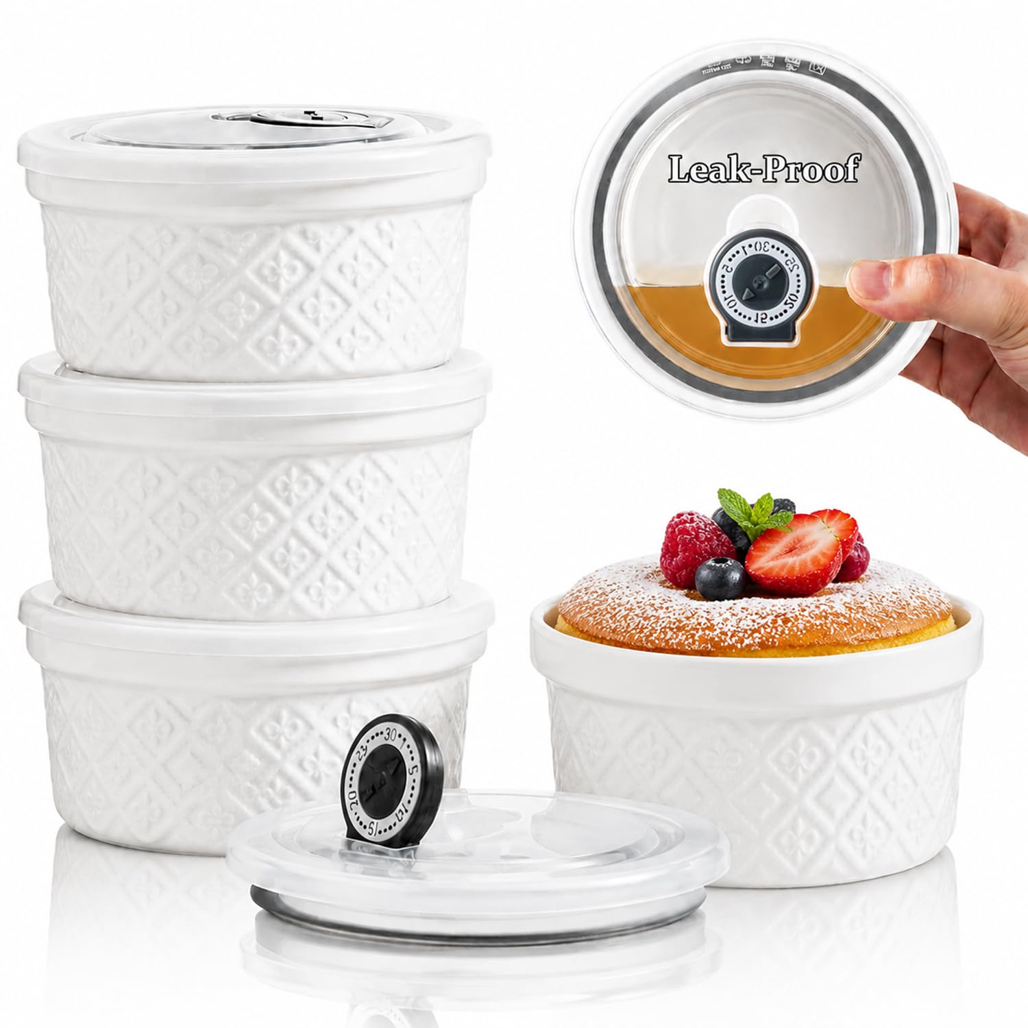 473.6 g Creme Brulee Auflaufförmchen ofenfest kleine Souffle-Schälchen mit Deckel Mini Porzellan Auflaufförmchen Set mit Abdeckungen, kleine Keramik-Backform Set von 4