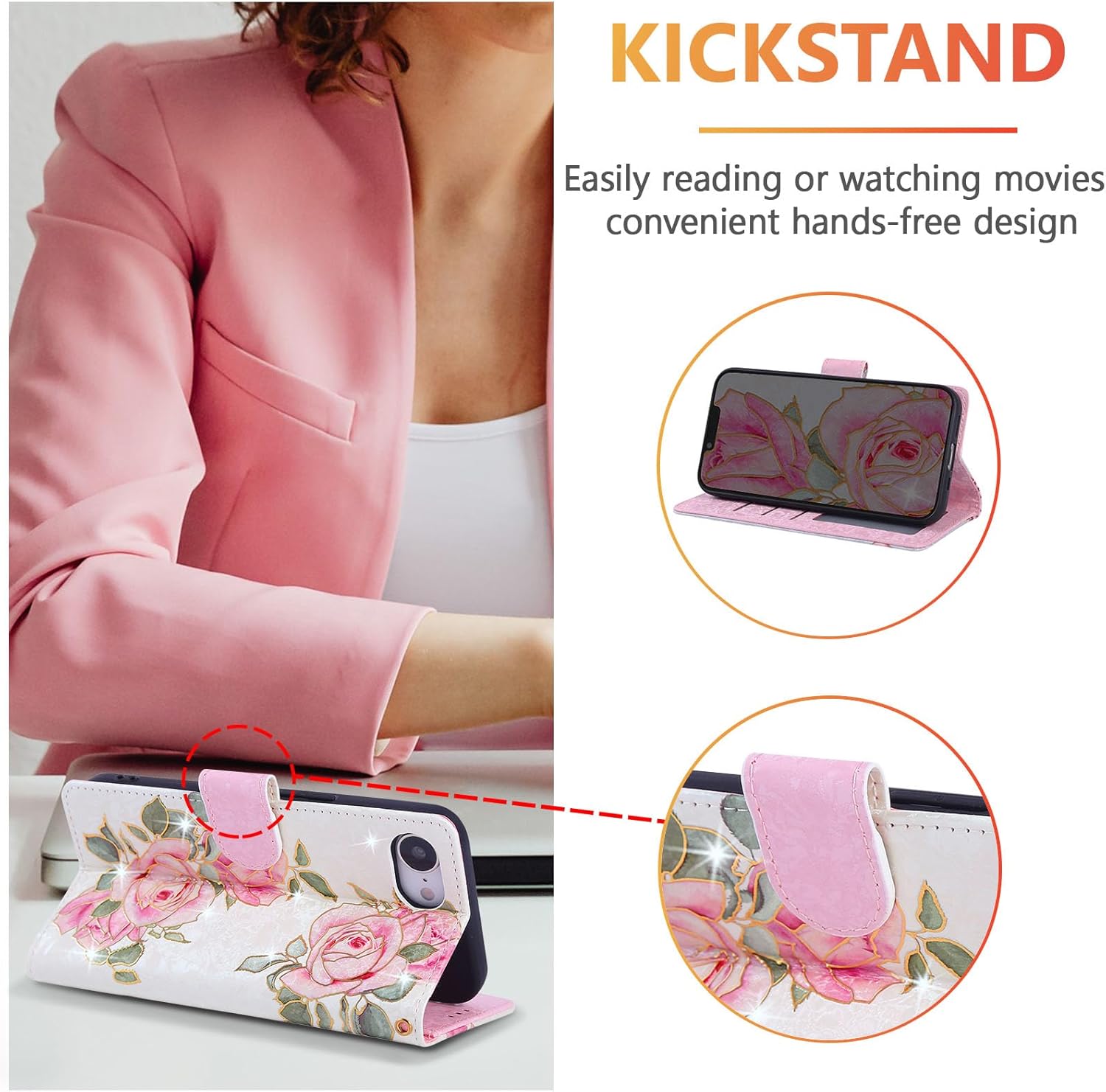 UEEBAI Wallet Case for iPhone 16e, PU Leather Phone Cover Kickstand RFID Blocking Flip Case Card Slots Wrist Strap Relief Engraved Pattern Magnetic Closure Flower Folio Wallet, White Rose - Image 2