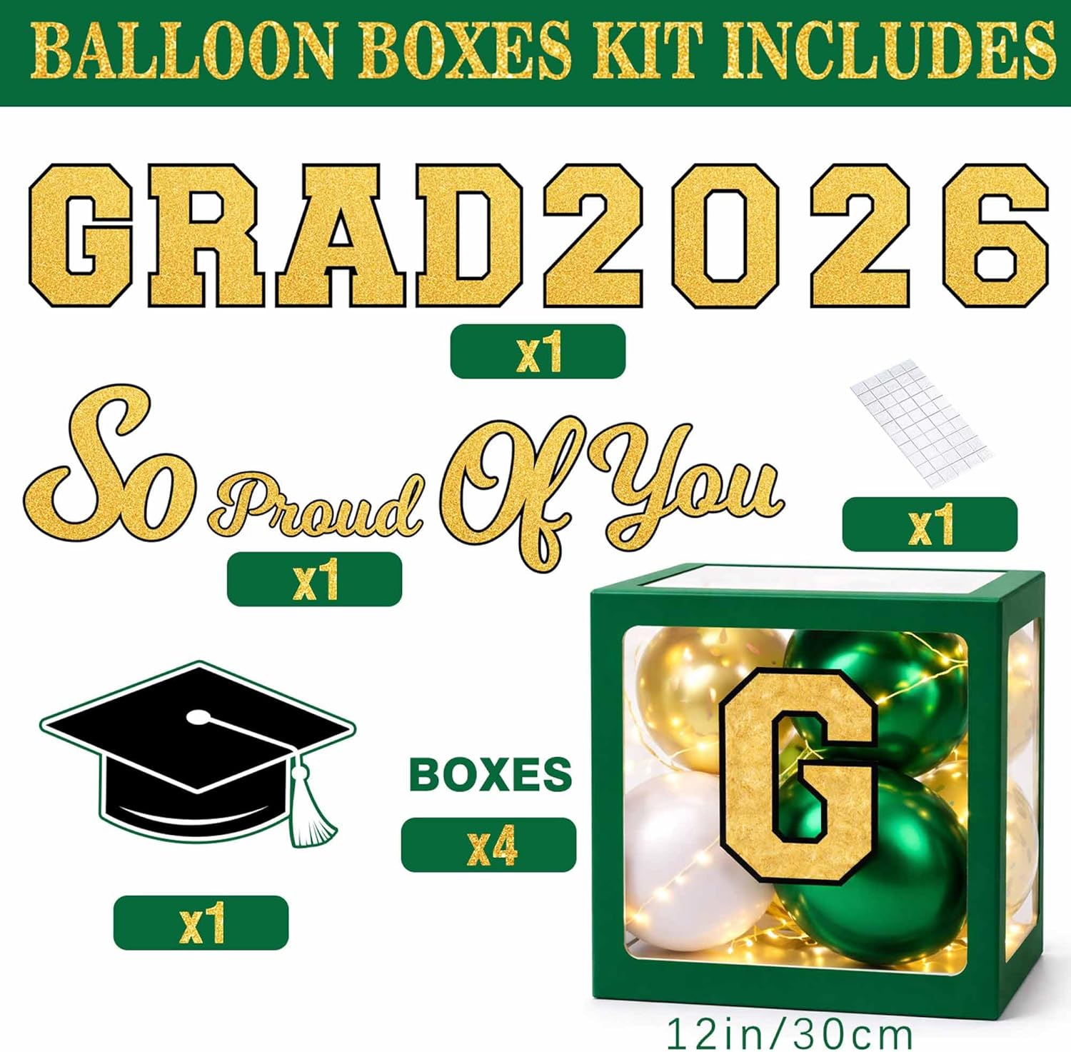 Graduation Decorations Class of 2026 Green and Gold Balloon Boxes and Arch Garland Kit for High School & College, Congrats Grad Table Decorations with 4 String Lights and GRAD So Proud of You Letters