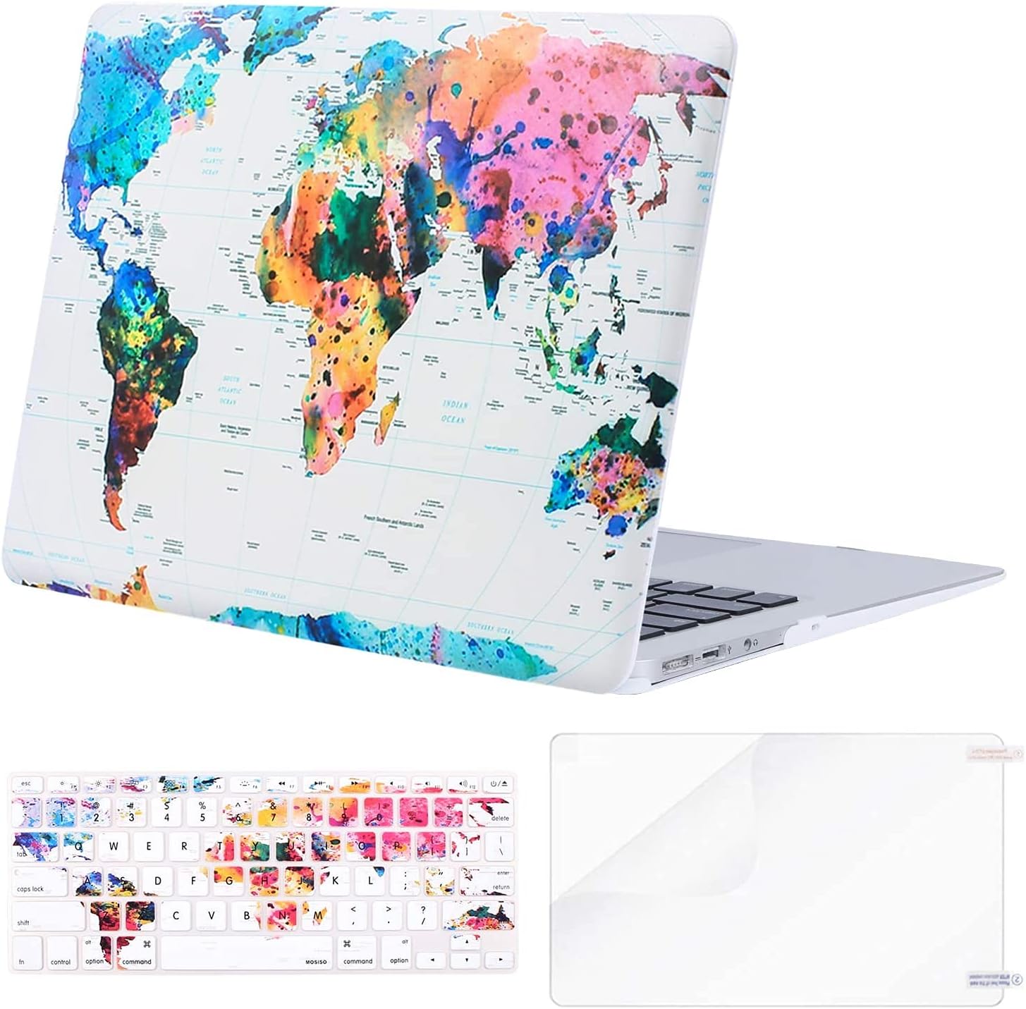 MOSISO Compatible with MacBook Air 11 inch Case (Models: A1370 & A1465), Plastic Pattern Hard Shell Case & Keyboard Cover Skin & Screen Protector, World Map