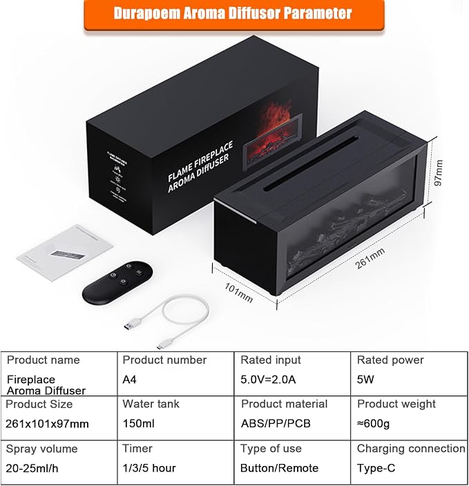 Difusor de Aceites Esenciales Durapoem 150ml Ultrasónico con Luces LED miniatura 6