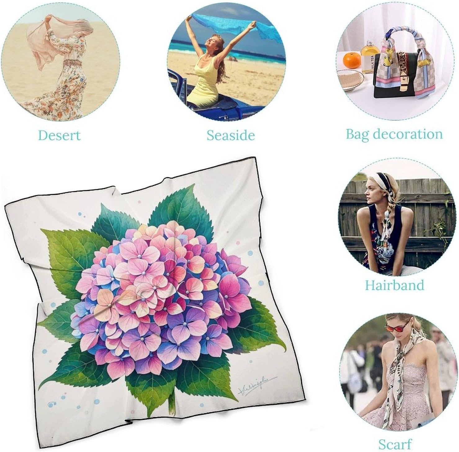 Watercolor Hydrangea Hair Scarf for Women, Lightweight Square Head Shawls for Men, Fashion Neckerchief for Travel, Hair Bandanas, Silk Satin Neck Scarf for Sleeping, 27 Inches