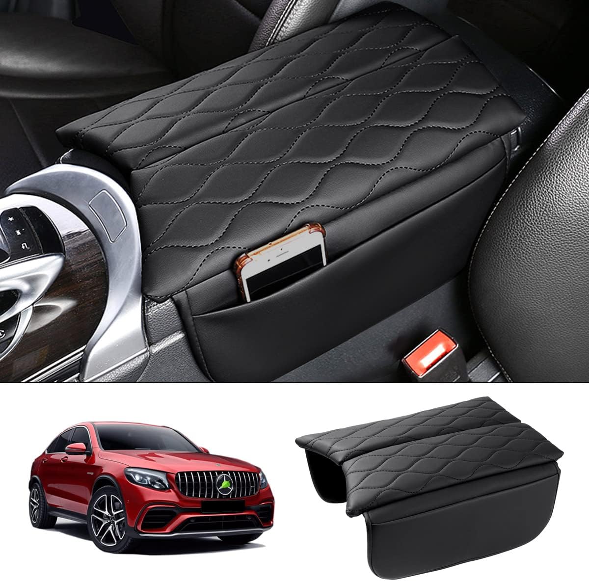 Center Console Cover for 2015-2021 Mercedes Benz C Class C300 W205 /2016-2022 GLC Class /2019-2024 EQC, Anti-Scratch Leather Waterproof Armrest Console Cover with Storage Pockets (Black)