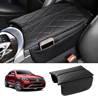Karltys Center Console Cover for 2015-2021 Mercedes Benz C Class C300 W205 /2016-2022 GLC Class /2019-2024 EQC, Anti-Scratch Leather Waterproof Armrest Console Cover with Storage Pockets (Black)