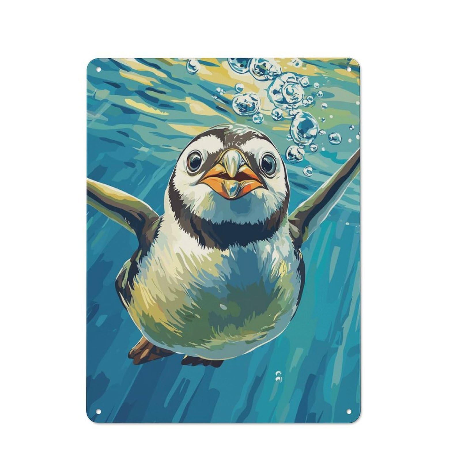 Junmoney Style Tin Wall Plaque 40X30cm With Penguin Swimming Underwater Illustration For Café Or Restaurant, New Home Wall Decor For Hospitality Interior Collectors