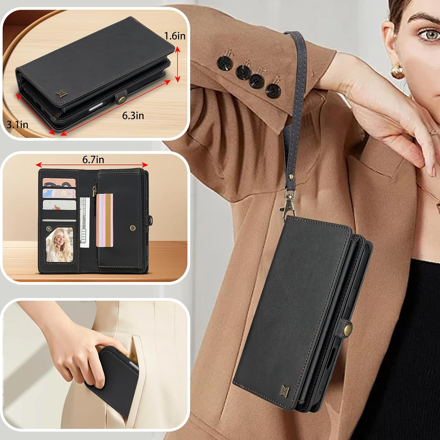 for Wallet Case Compatible with iPhone 17 Pro,Multi-Function Detachable 2 in 1 Magnetic iPhone 17 Pro Case Wallet,Flip Strap Zipper Card Holder Phone Case with Shoulder Straps (Black)