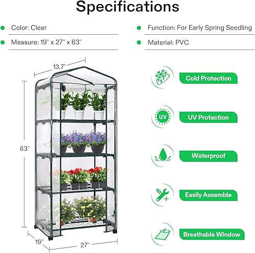 Miniatura 3 de VIVOSUN Mini invernadero de 4 niveles con ruedas, 27 x 19 x 63 pulgadas, reutilizable, portátil, cálido, con cubierta de PVC transparente y estante