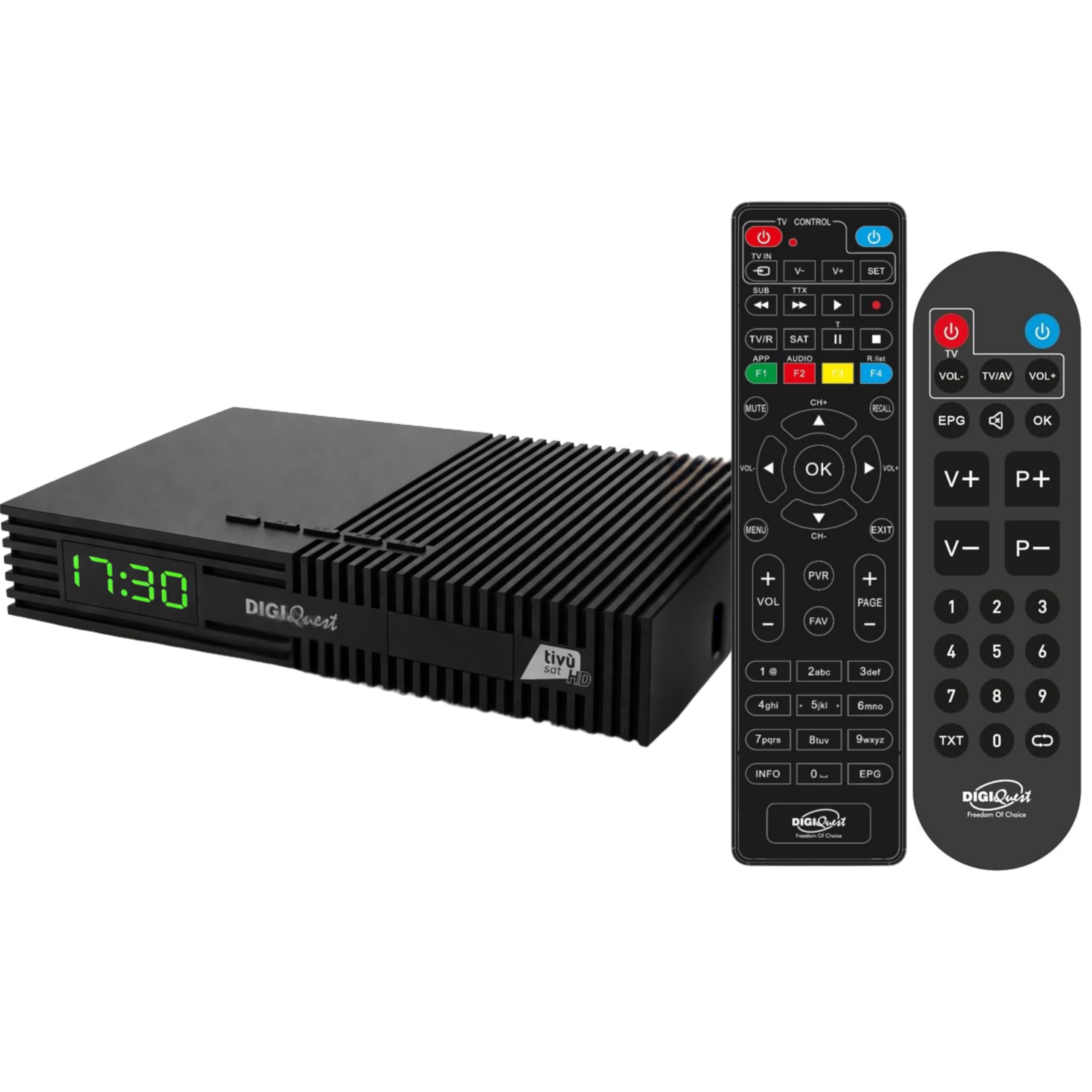 DIGIQUEST Décodeur Tivùsat Ti9, DVB-S2 | VOITURE INSTALLANTE | Double télécommande 2 en 1 dont une avec grandes touches | Carte intelligente Tivùsat incluse | HDR |Fonction d'enregistrement activable