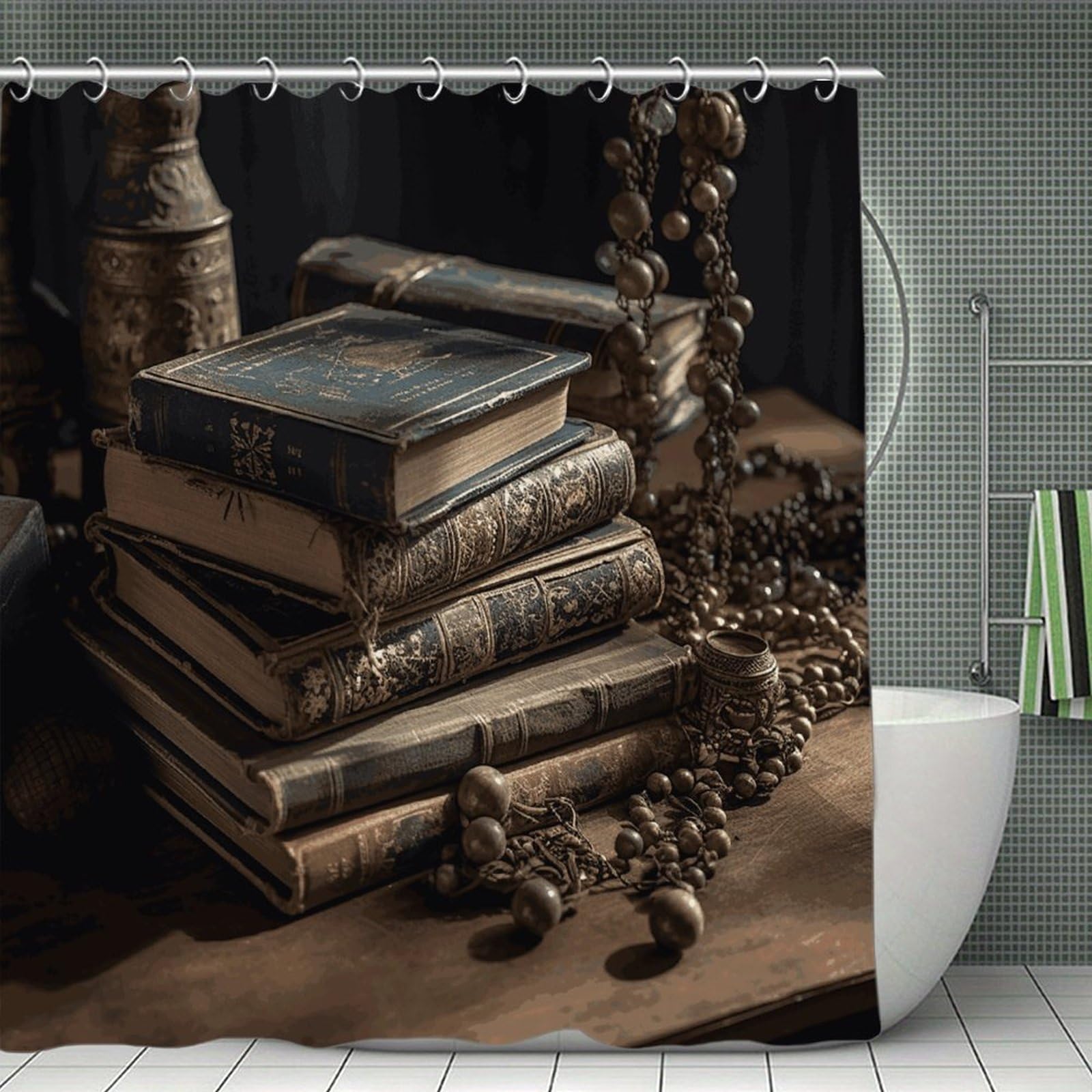 VstaDank Stack of Old Books Shower Curtain Light-Weight Blackout Bathroom Curtain Washable Shower Liner 71x71 Inch Bath Curtain with Metal Holes Bathtub Bath Room