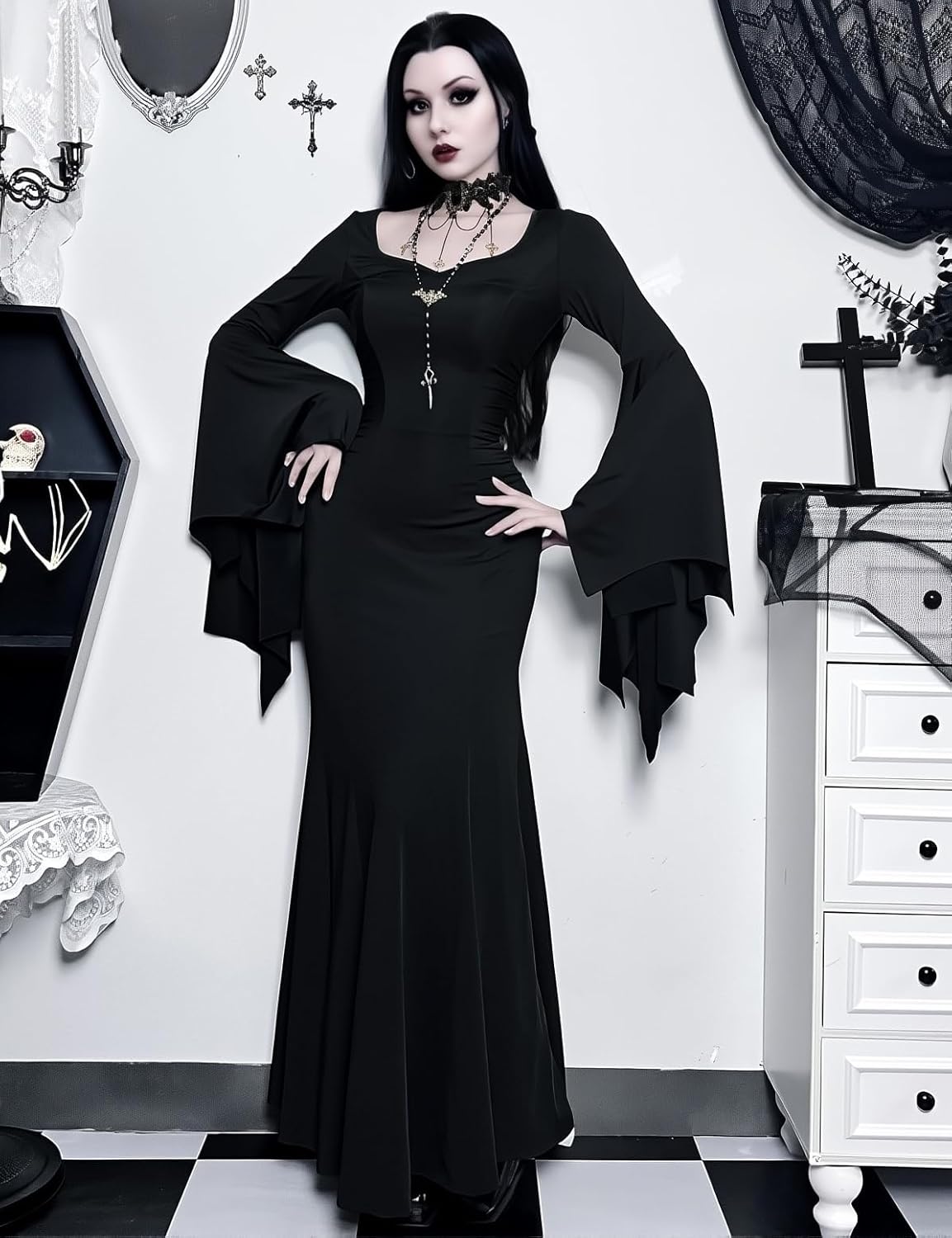 LANSHULAN Gothic Bat Sleeve Fishtail Slim Fit Goth Dress Clothes - Image 3
