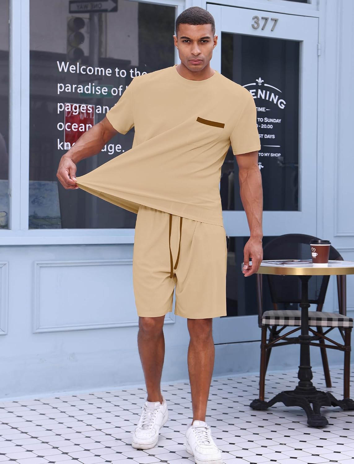 OLEMEK Men's 2 Piece Outfits Waffle Knit Shirt and Shorts Set Short Sleeve Tracksuits Athletic Casual Summer Outfit