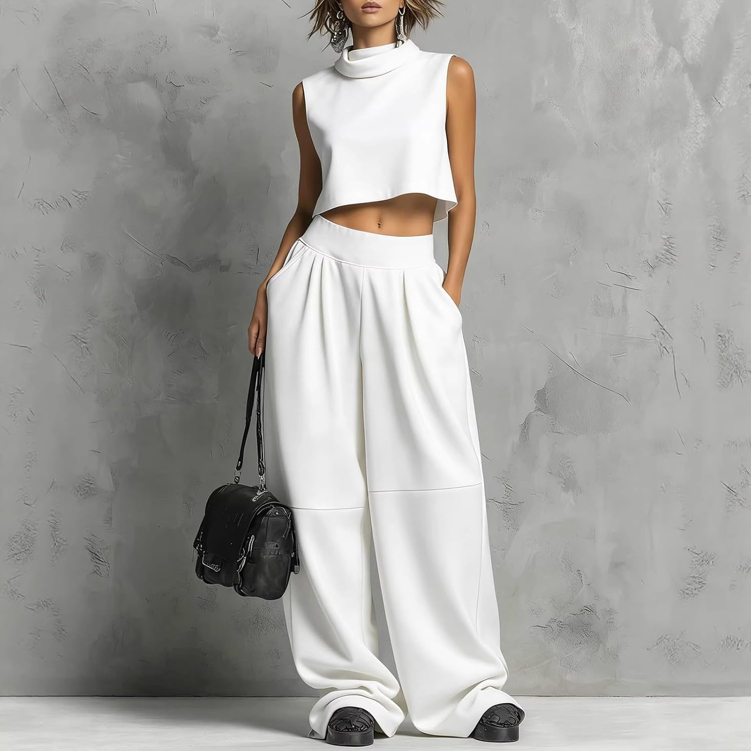 Women 2 Piece Outfits Summer Lounge Sets Sleeveless Mock Neck Top Wide Leg Pant Airport Vacation Travel Sets