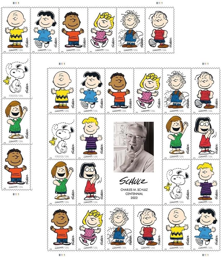 Cartoonist Charles M. Schulz Sparky (1922-2000) (2 Sheets of 20) Christmas Forever Postage Stamps Peanuts (Charlie Brown, Snoopy, and The Rest of The Crew) 2022 Scott #5726-5735