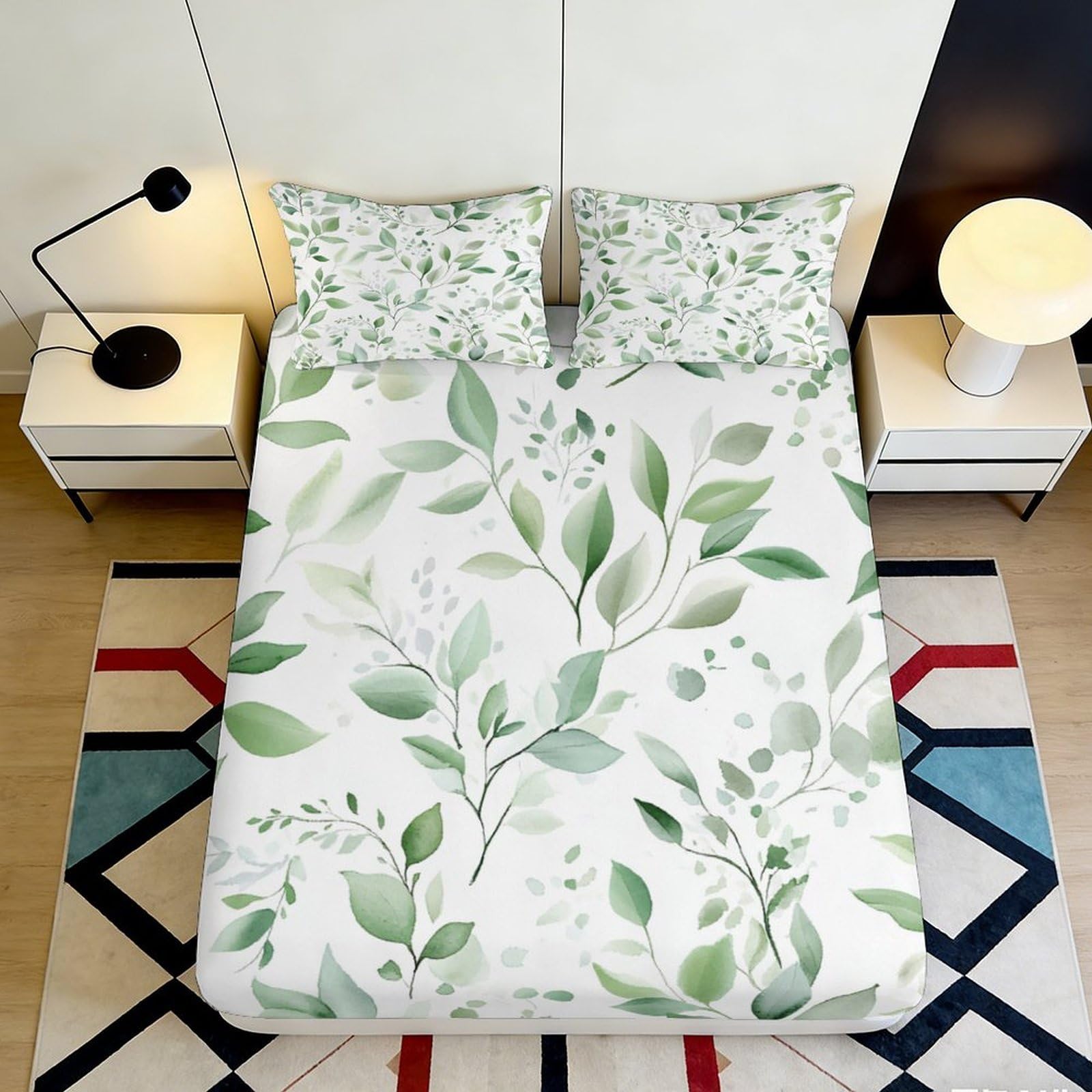 3D Printed Green Leaf Fitted Sheet Microfiber Soft Breathable Botanical Bed Sheet for Bedroom Guest Room Mattress Cover 120x200x25cm