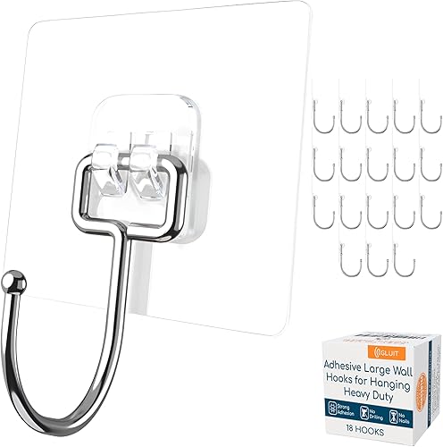 GLUIT Ganchos adhesivos de pared para colgar, resistentes, de 22 libras, para no dañar las paredes, transparentes e impermeables, para hogar, baño,