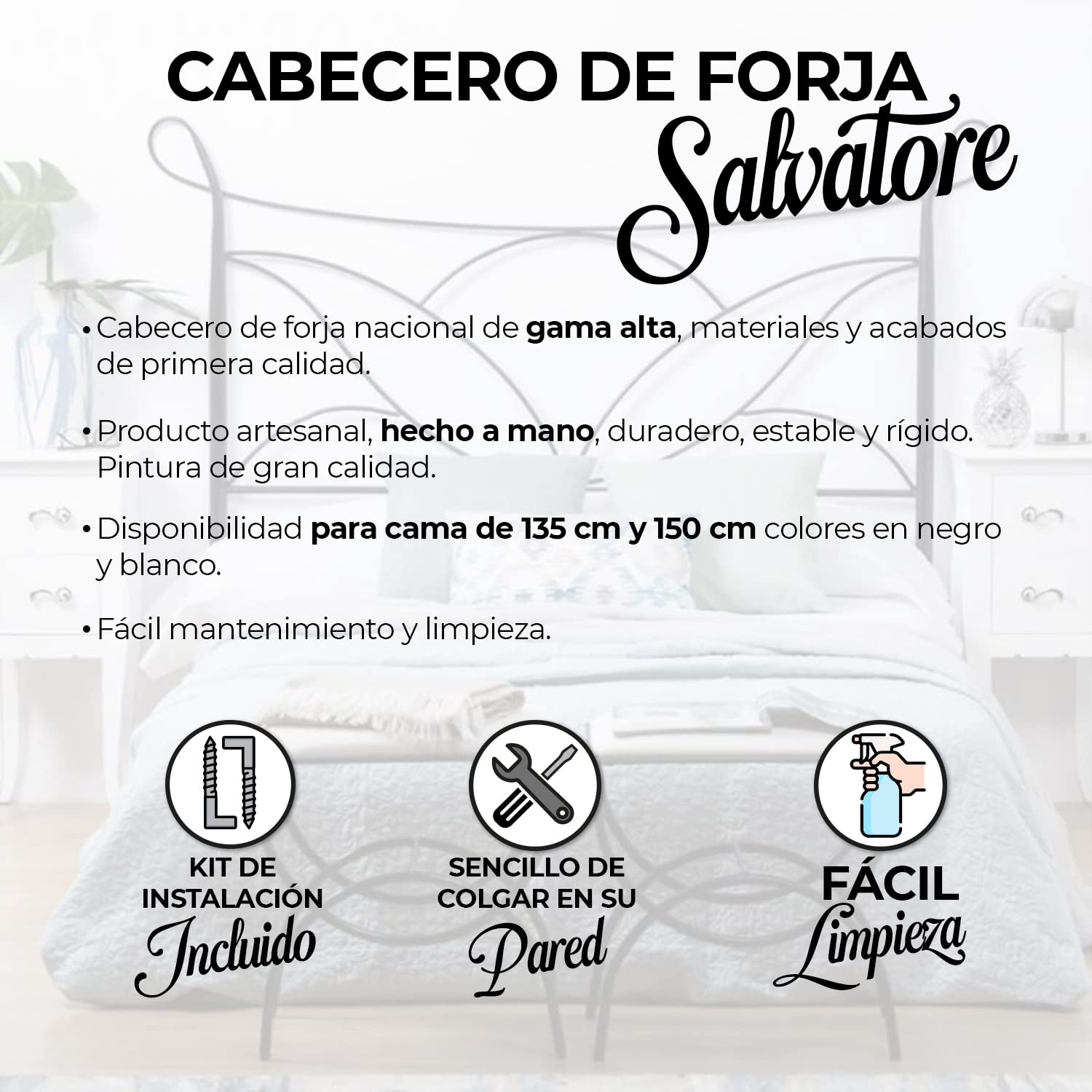 Genérico Tete de Lit CABECERO DE FORJA Nacional Salvatore (para Cama de 150cm, White)