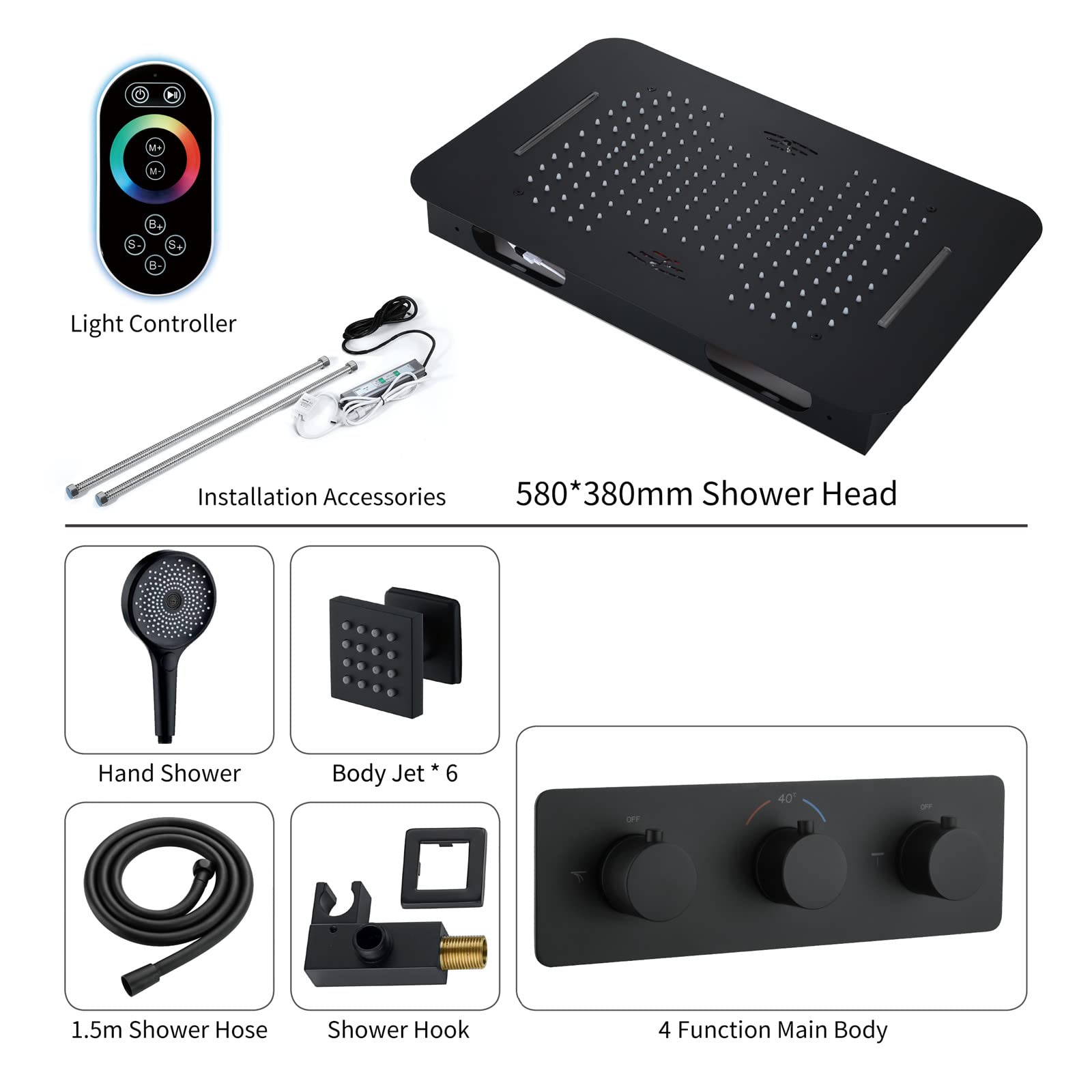 Termostatyczny system prysznicowy, zestaw prysznicowy z muzyką Bluetooth, 58 x 38 cm, system prysznicowy z deszczownicą ręczną, 6 zestawów armatury spa Body Combo