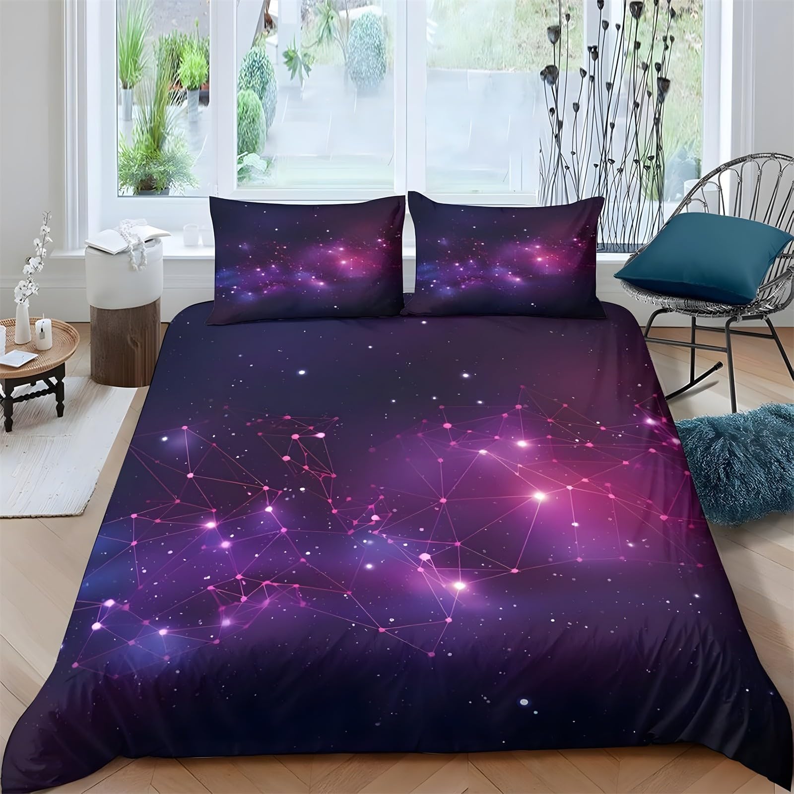 Ypthriline Single Duvet Cover Set Starry Sky Bedding Set Microfiber Purple-Pink Duvet Covers with Pillowcases Reversible Bedding With Zipper Closure 135x200CM