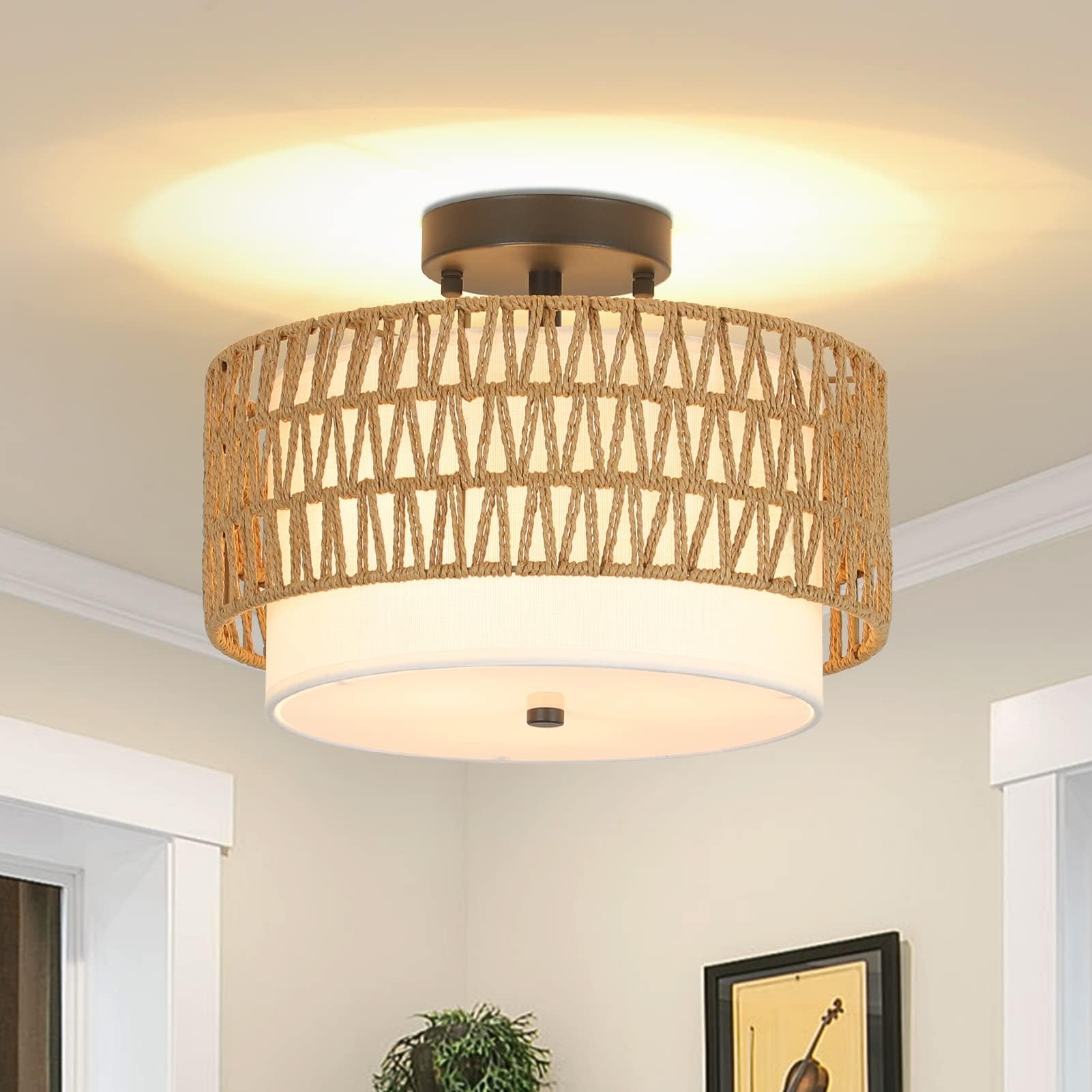 Rattan Ceiling Light Living Room, Vintage Boho Ceiling Light with Linen Lampshade, Semi-Flush Mount Ceiling Light, Bamboo, Rustic Pendant Lamp for Bedroom, Kitchen, Hallway, Dining Table,
