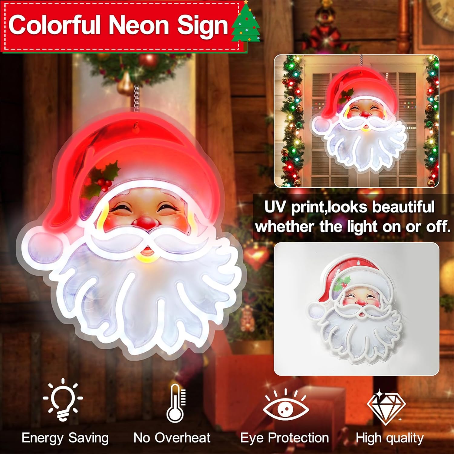 Christmas Window Decorations Lights, LED Santa Claus Acrylic Neon Signs, Cute Room Decor Powered 5V Art Decorative Night Lights Indoor for Christmas Tree, Home, Bedroom, Office,Dorm,Party - Image 2