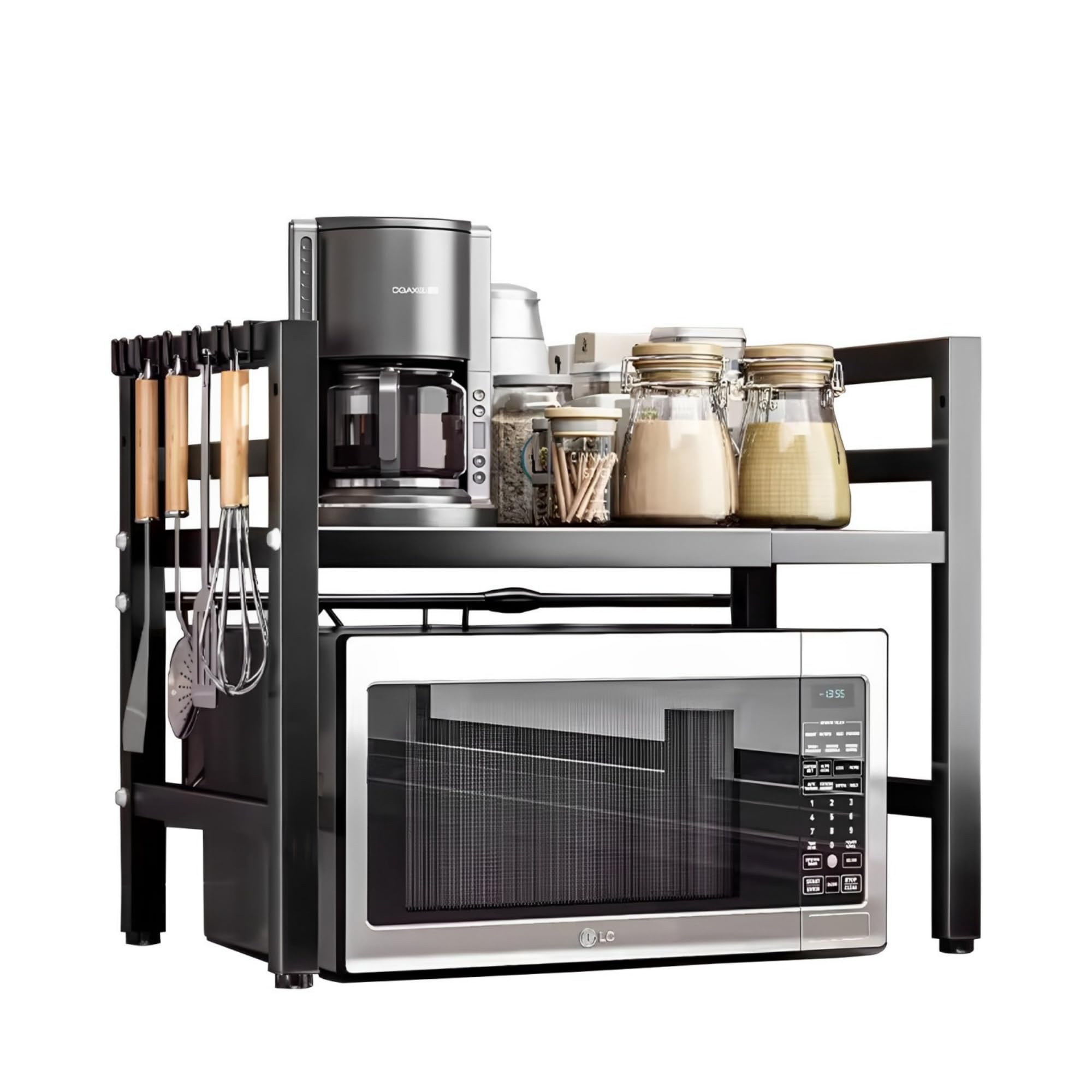 Estante Extensible de Microondas. Soporte para Encimera Ajustable. Estantería de Microondas, Horno, Utensilios de Acero. Organizador para Cocina con 4 Ganchos Incluidos (35-60cm, ancho ajustable)