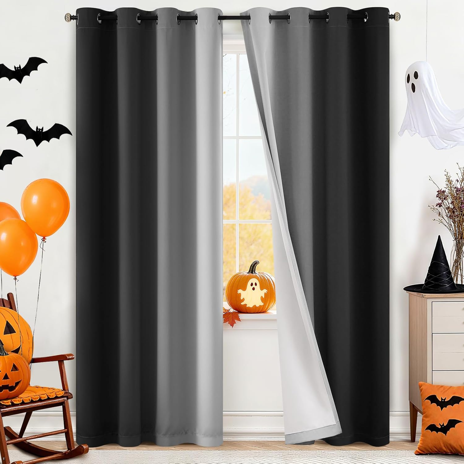 Yakamok 100% Blackout Curtains 84 Inch Length 2 Layers,Black Curtains for Bedroom Ombre Room Darkening Grommet Gradient Drapes, Light Blocking Thermal Insulated Window Curtains for Living Room