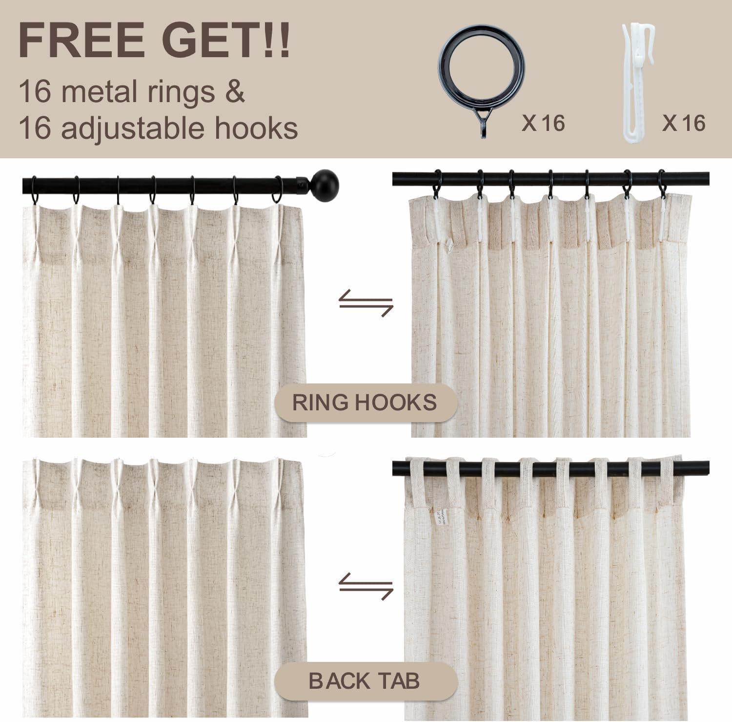 VISIONTEX Natural Pinch Pleated Linen Curtains 84 Inches Long for Living Room Bedroom Light Filtering Boho Semi Sheer Neutral Back Tab Pinch Pleat Hooks Rings Window Drapes Curtain 84 inch 2 Panels
