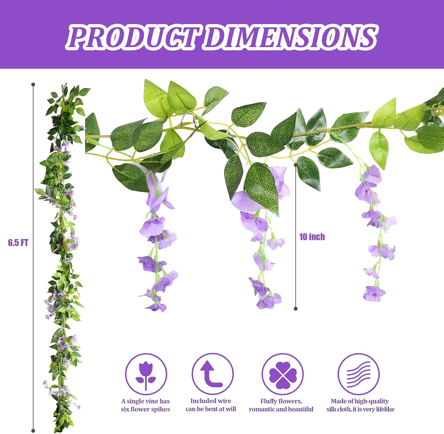 Syhood 4 Pieces 26 Ft in Total Purple Wisteria Garland Hanging Flowers Artificial Vine Wedding Silk Wisteria Hanging Flower for Wedding Arch Home Garden Party Outdoor Decor