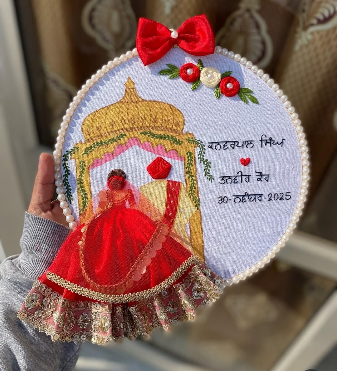 Stitch Your Type Gurdwara Theme Wedding Embroidery Hoop | Customized North Indian Punjabi Wedding Hoop for Couples | Anniversary, Marraige Gift (Traditional Red)-image-17