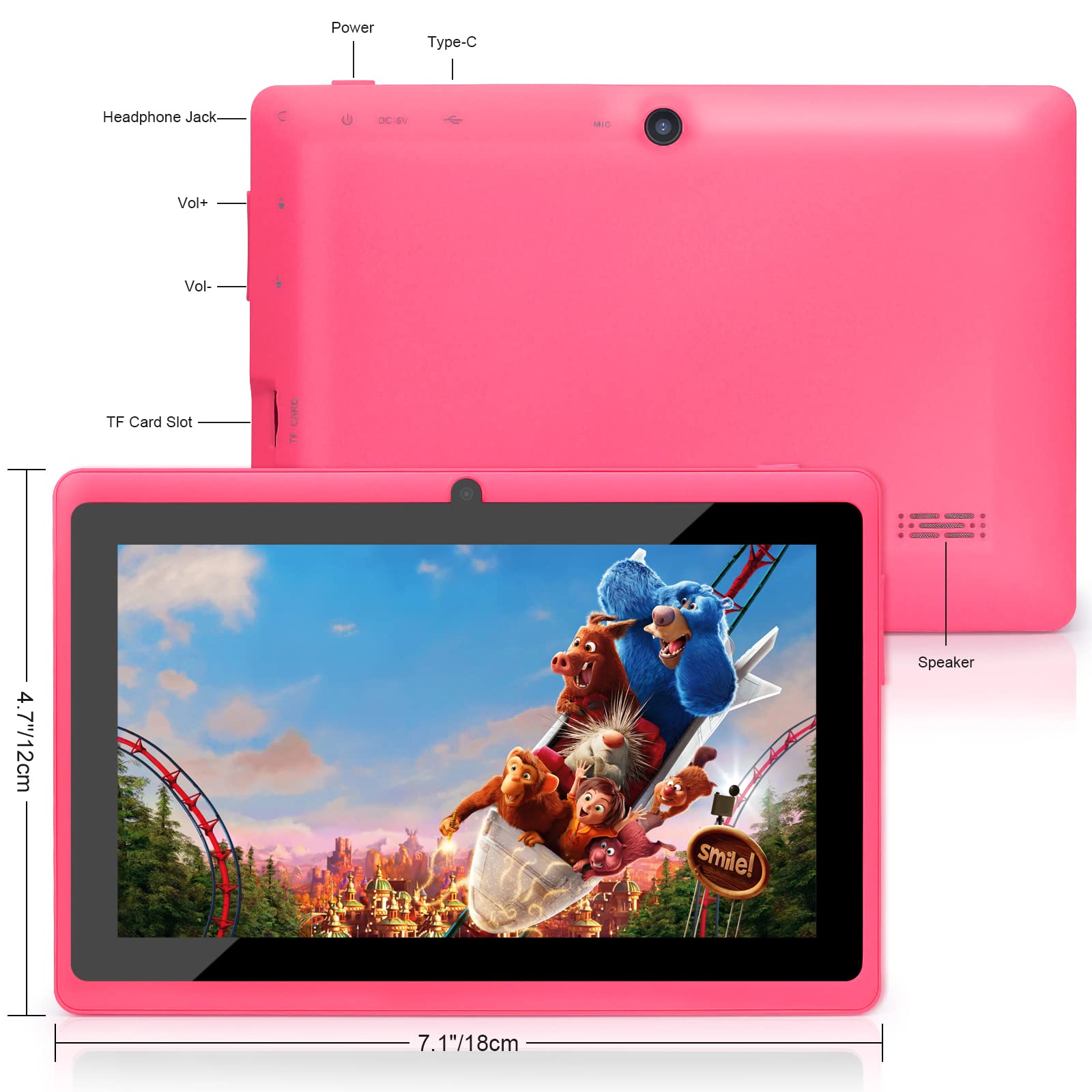 7 Zoll Tablet PC, Android 5.0, A33 Quad Core, 1GB RAM 8GB ROM, Dual Kameras, WiFi, Bluetooth, für Erwachsener Kinder, Pink