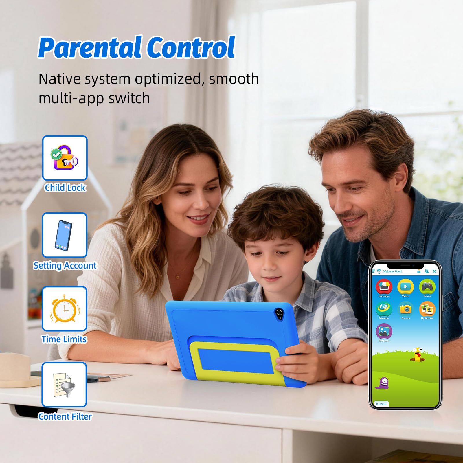 Kids Tablet 10 Inch, Android 15 Tablet for Kids | 20GB+64GB+1TB Expand | Face ID & Parental Control | 5000mAh & Fast Charging | 5MP+8MP | WiFi 6 | BT 5.3 | Protective Case,Blue — view 5