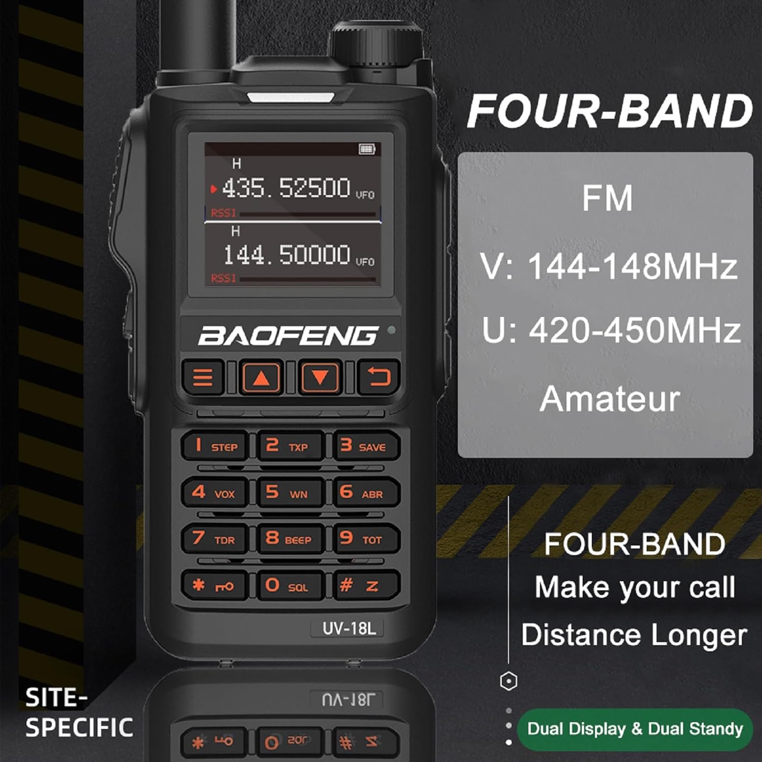BAOFENG UV-18L displaying four-band frequencies