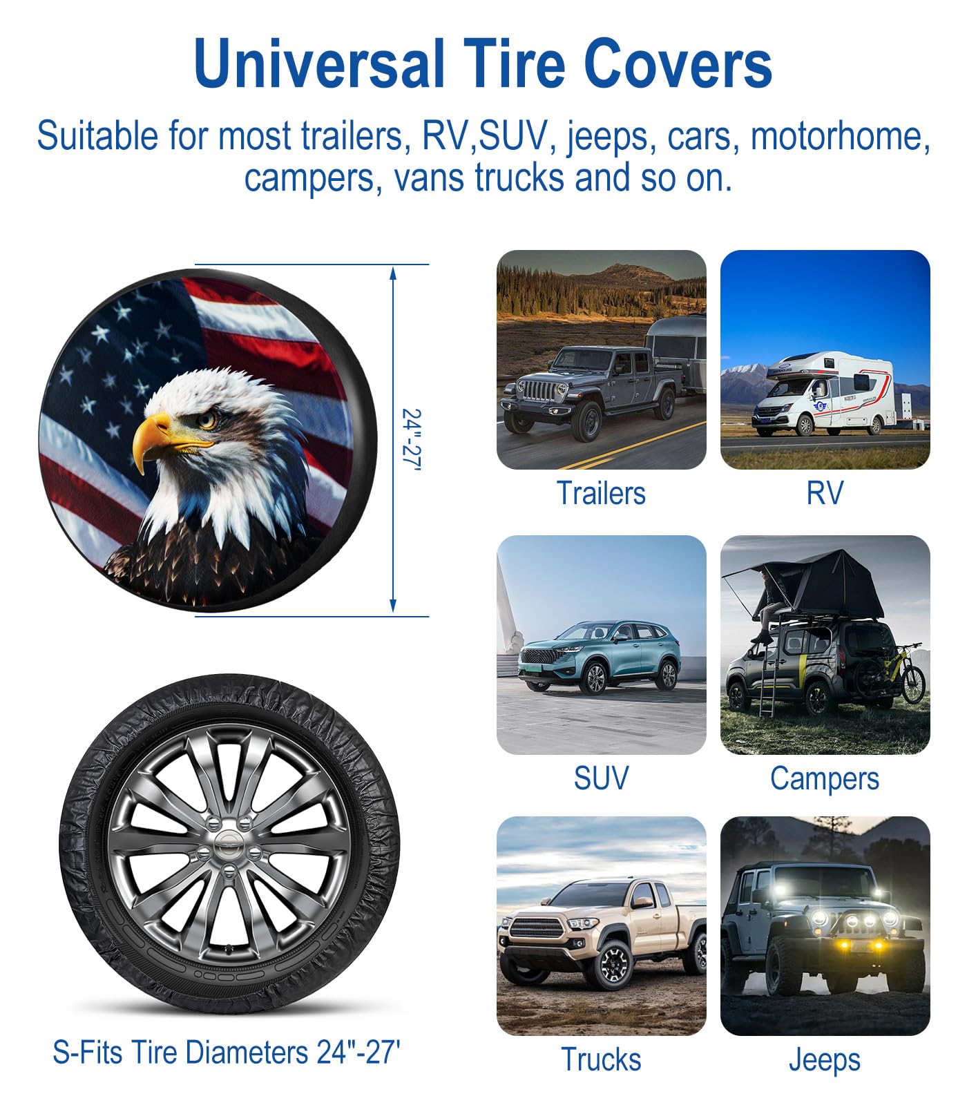 American Flag Eagle Spare Tire Cover - 15 Inch, Polyester, Waterproof & UV Resistant For SUV, Truck, RV, Trailer