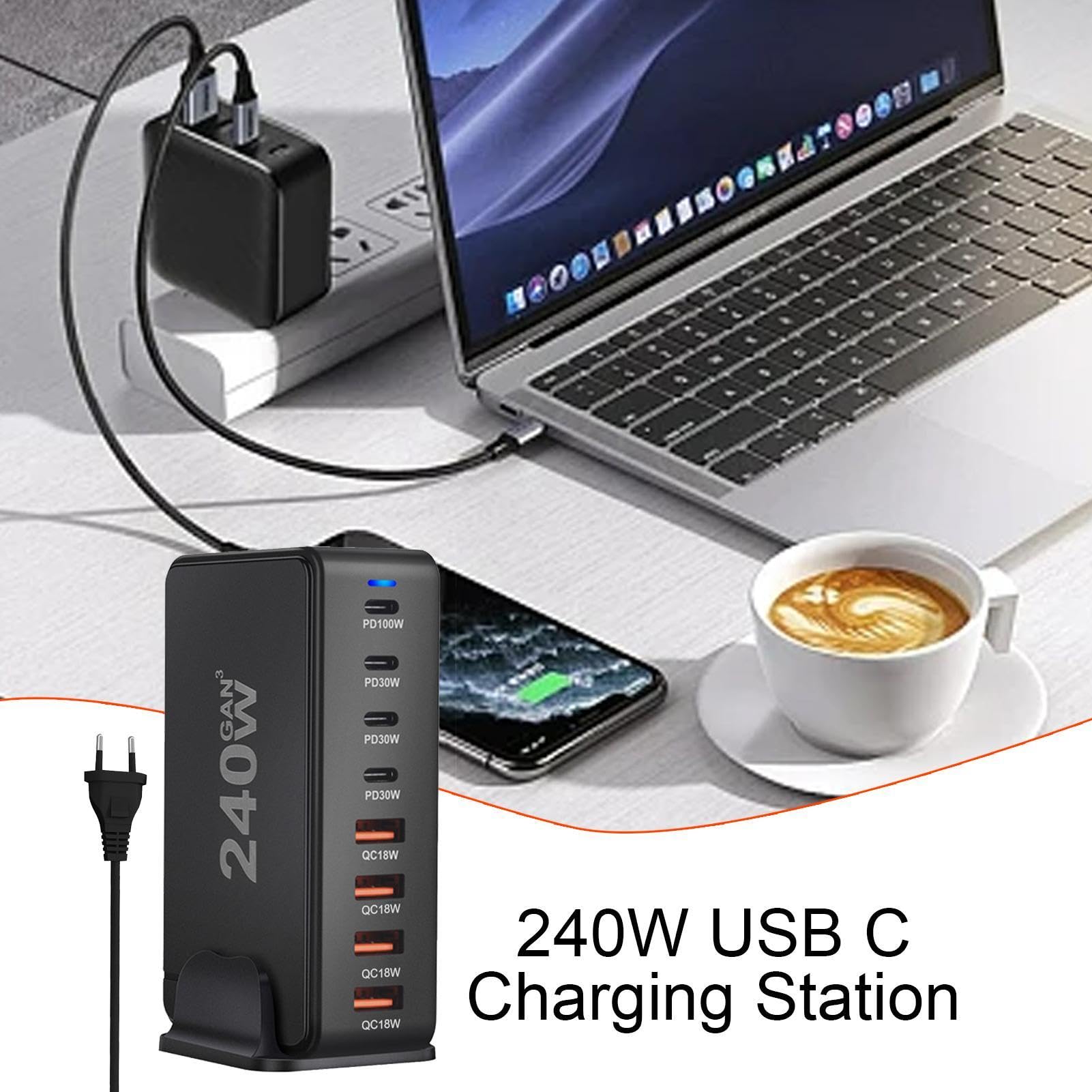 Fuente de alimentación USB C - Adaptador de Cargador USB C de 8 Puertos | 4a4c PD QC Adaptador de Corriente para computadora portátil de Carga súper rápida - de Carga súper rápido del