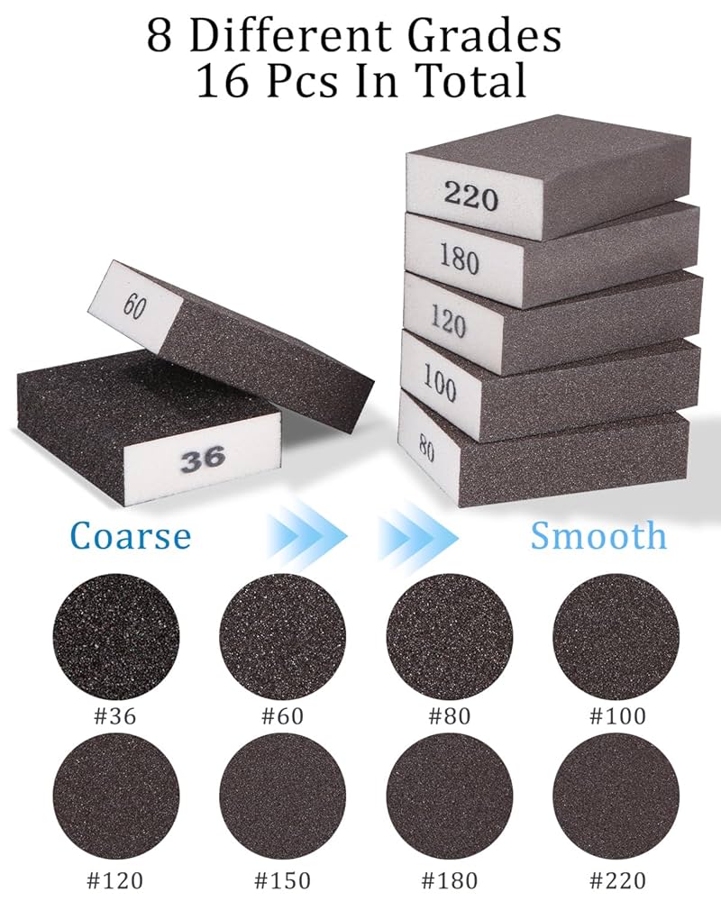 Kit 6 Spugne Abrasive Con Grana 60/80/100/120/180/220 - Lavabili E Riutilizzabili Per Legno, Metallo, Vernice E Pareti - Dimensioni 7x10x2.5cm
